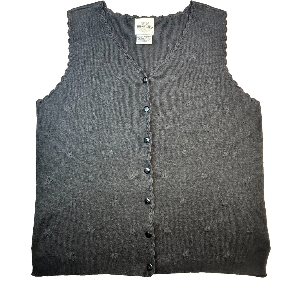 Vintage cottagecore M Lace Trim Cardi Vest Black Embroidered Floral 90s Coquette